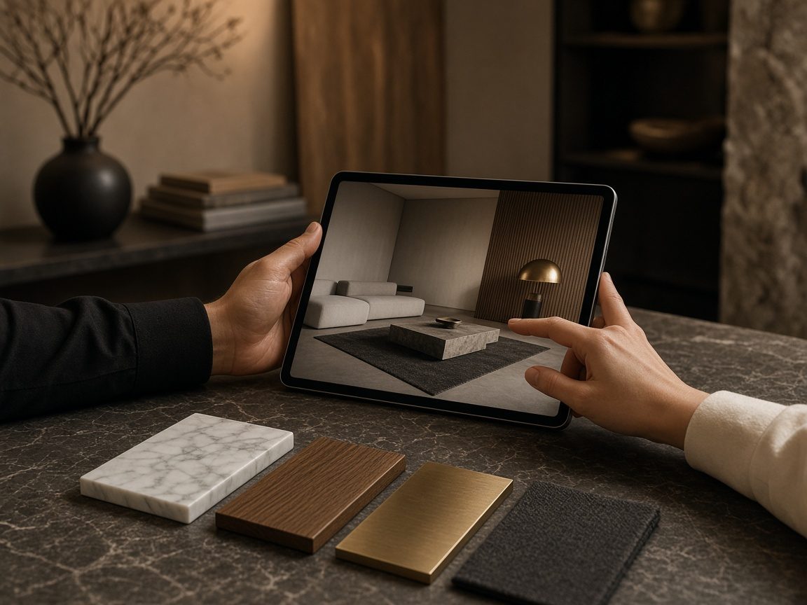 A designer presenting a render and materials to a client